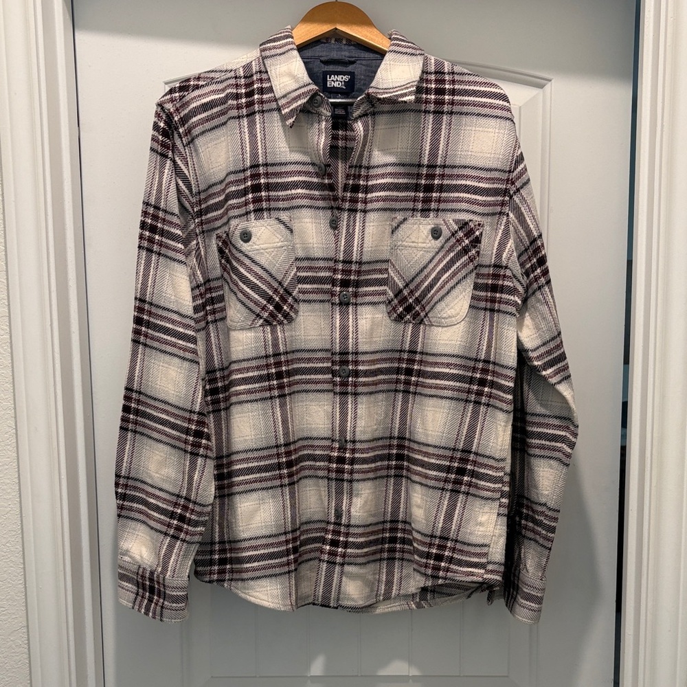 Lands' End Cream and Burgundy Plaid Flannel Shirt